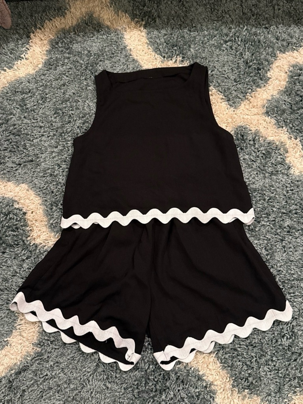 Girls Black Tank & Shorts Set with White Scallop Trim